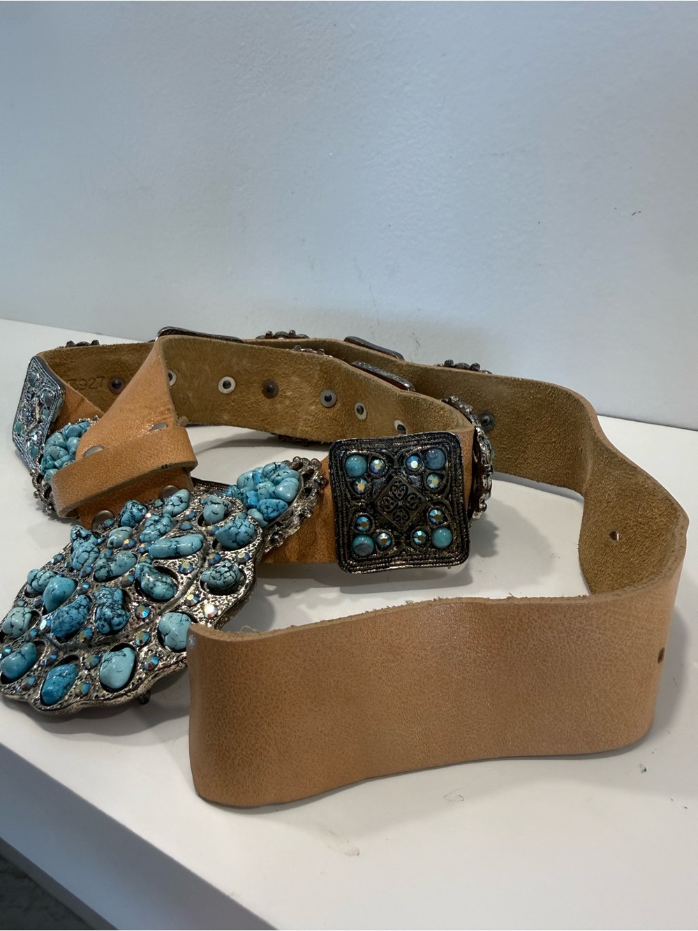 Vintage Turquoise Stone Embellished Tan Leather Belt by Leatherock - Picture 6 of 11